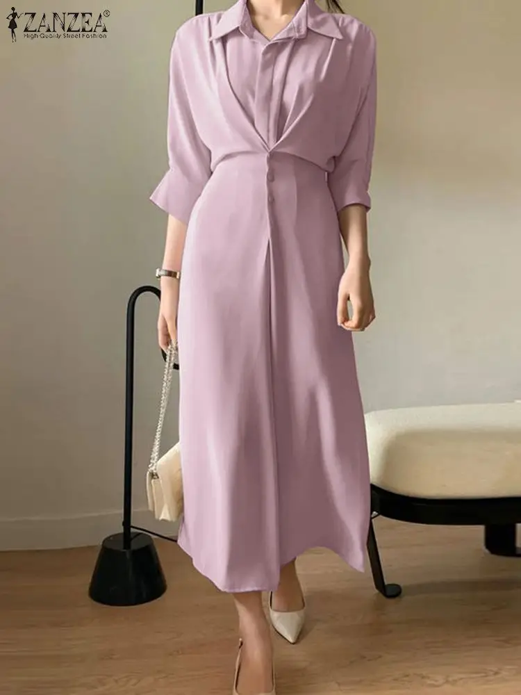 

ZANZEA Women Long Shirt Dress Elegant 3/4 Sleeve Office Robe 2023 Autumn Turn Down Collar Vestidos Casual Waisted Midi Dresses