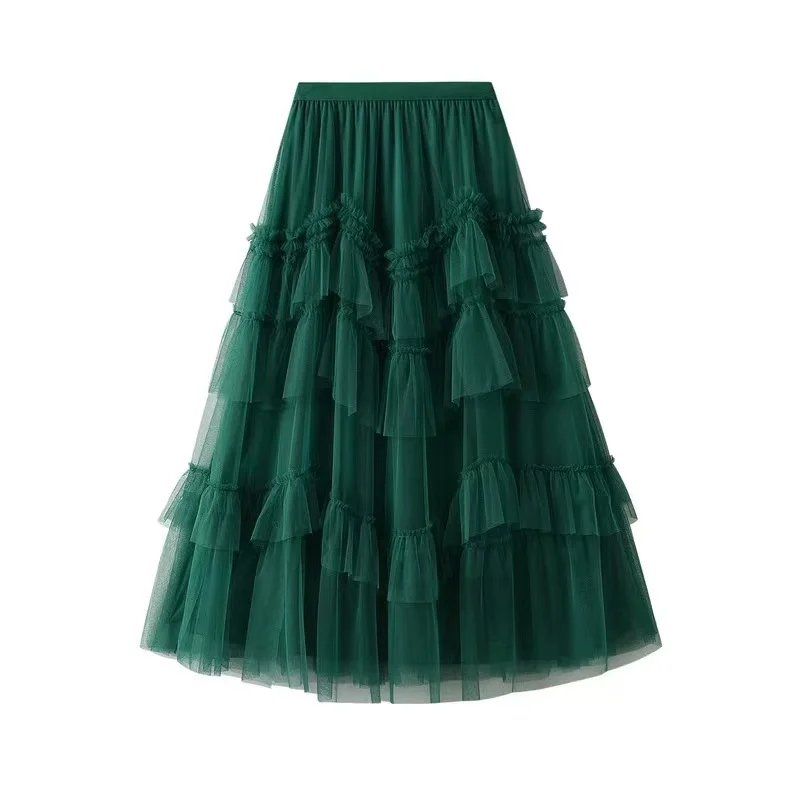 

Spring Women Tulle Midi Skirts Female Irregular Long Mesh Streetwear Skirt Elastic High Waist Pleated Cake Skirts Mujer Faldas