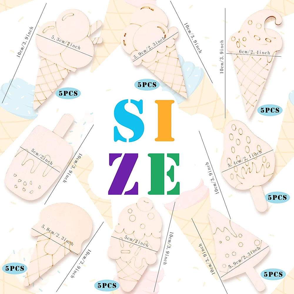 40PCS 8 Styles Unfinished Ice Cream Wooden Cutouts Blank Wooden Paint Crafts Kids Birthday Painting DIY Crafts Home Decoration