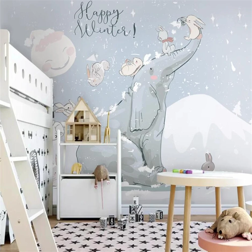 Papel de Parede Mural Nórdico Personalizado para Quarto de Crianças Papel de Parede para Casa Inteira Coelho Elefante Decoração de Casa