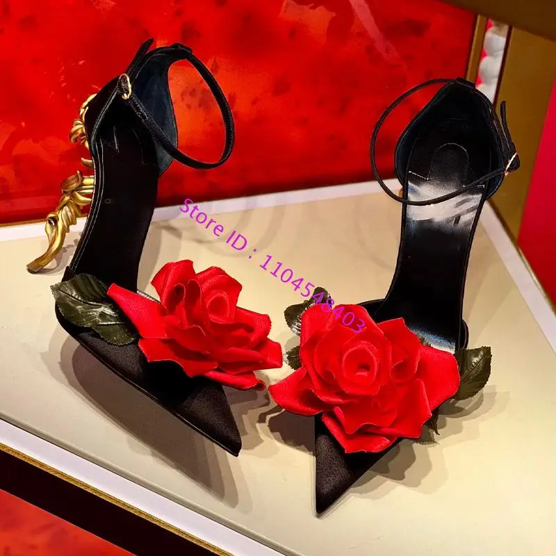 new arrive black red big flower high heel pointed dress shoes 2