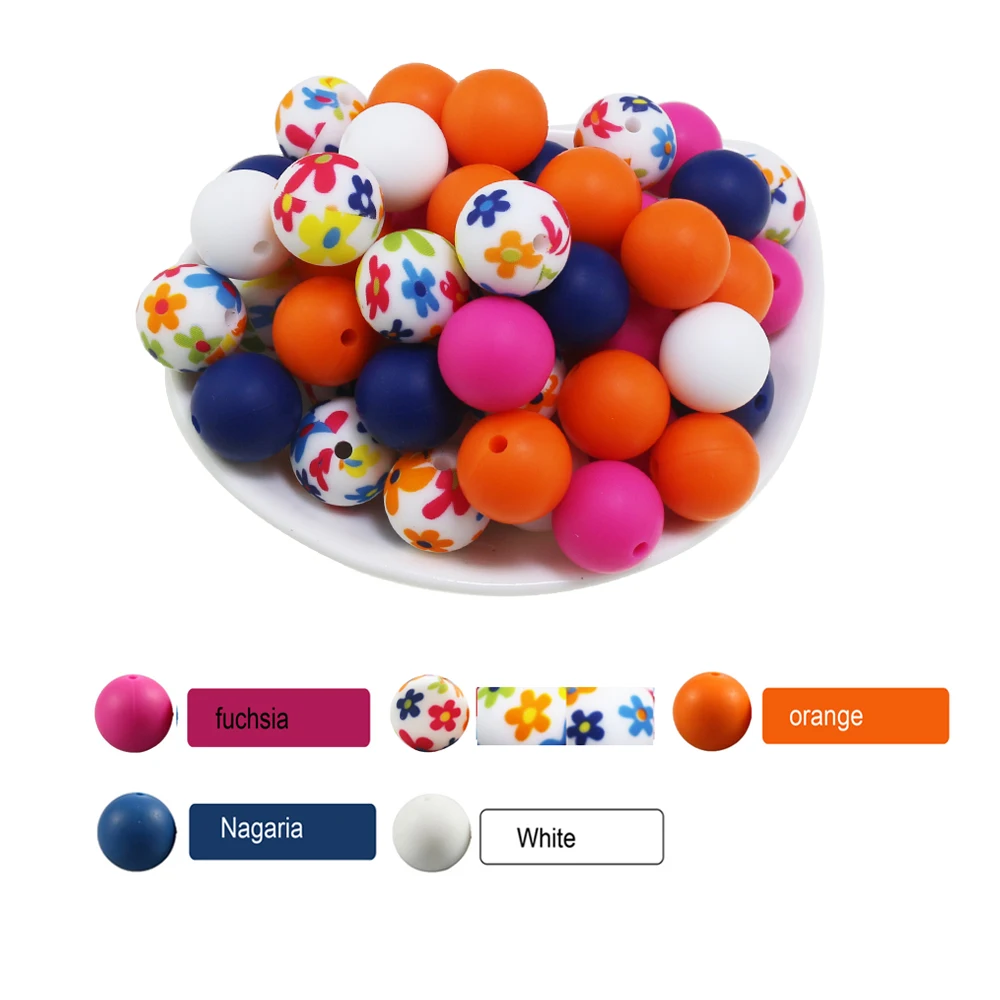 

100Pc Mixed Lot Starry Sky Star Print Silicone Beads 15mm Sunflower Daisy Teething Pearls Leopard Ball Jewelry Necklaces Making