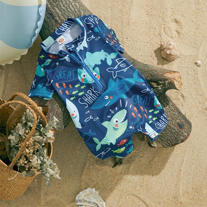Toddler Baby Boys Shark Printed Swimwear Kid Children Beachwear Short Sleeve Zipper Bathing Suit Infant Swimsuit