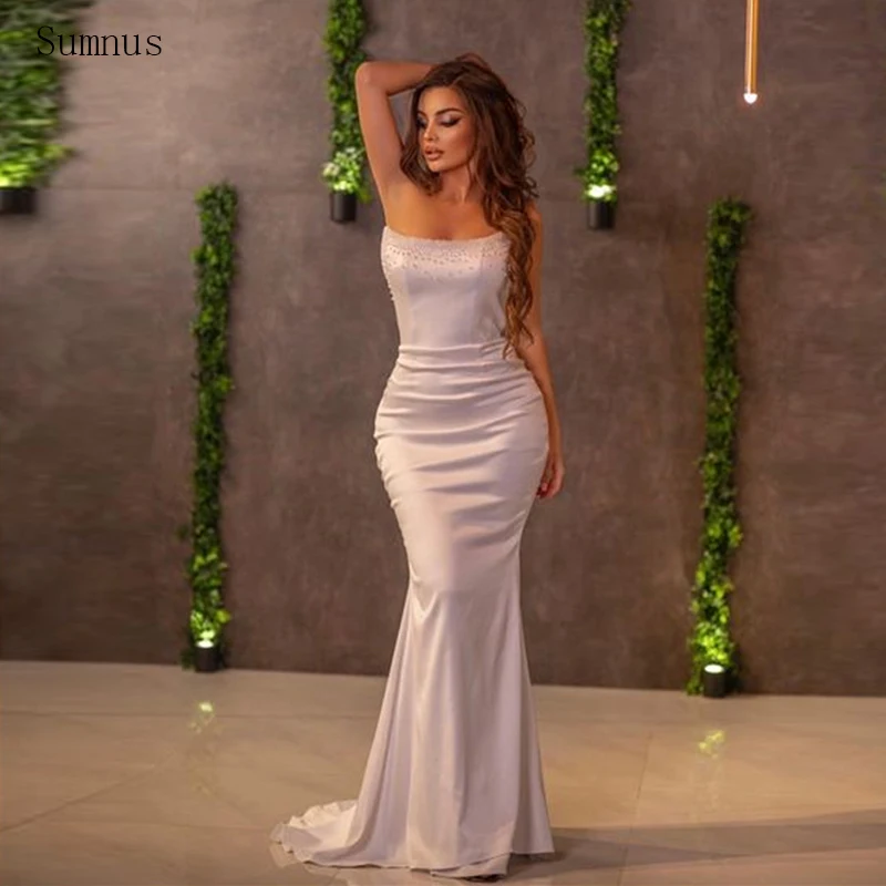

Sumnus Sexy Light Purple Evening Dresses Strapless Beadings Mermaid Sleeveless Stain Party Dresses Vestido De Noche 2023