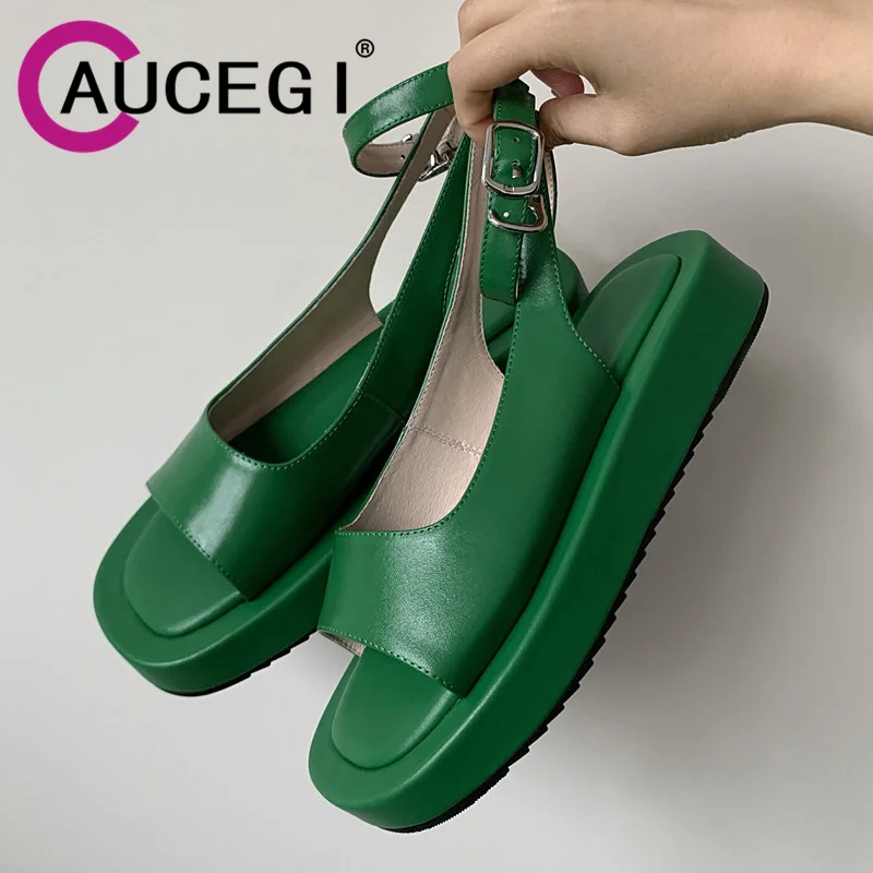 

Aucegi Women Genuine Leather Sandals Summer Fashion Sports Joker Ins Platform Flats Peep Toe Buckle Strap Dress Casual Shoes