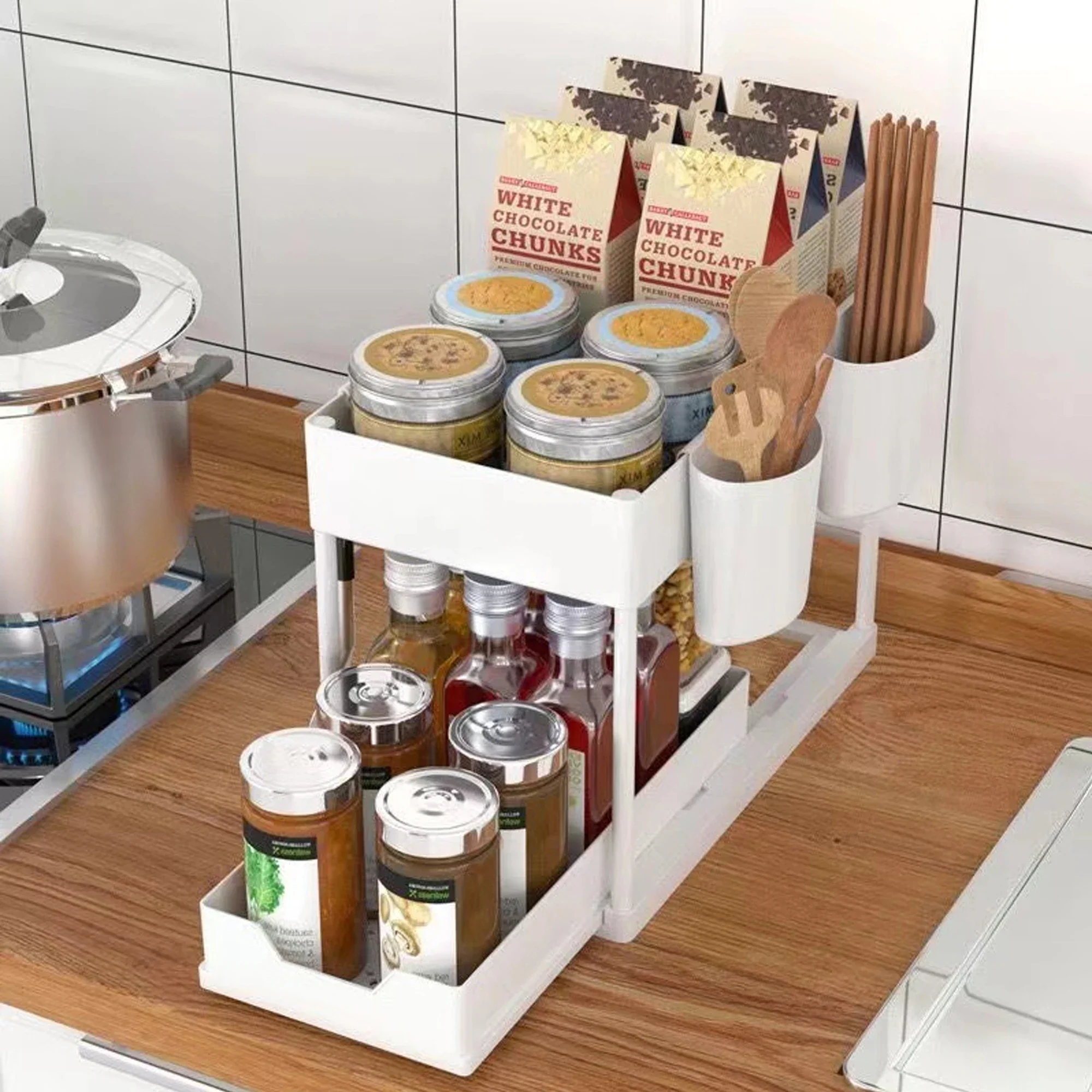 Pull-Out Double-Layer Kitchen Storage Rack with Drawers Ideal for Kitchen Sink Organization