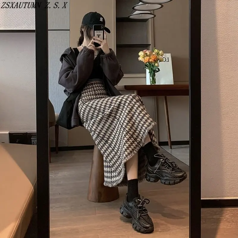 

Vintage Wild Knitted Half Skirt Women's Autumn Winter New High Waist A-line Skirt Korean Fashion Female Plaid Hip Wrap Skirts