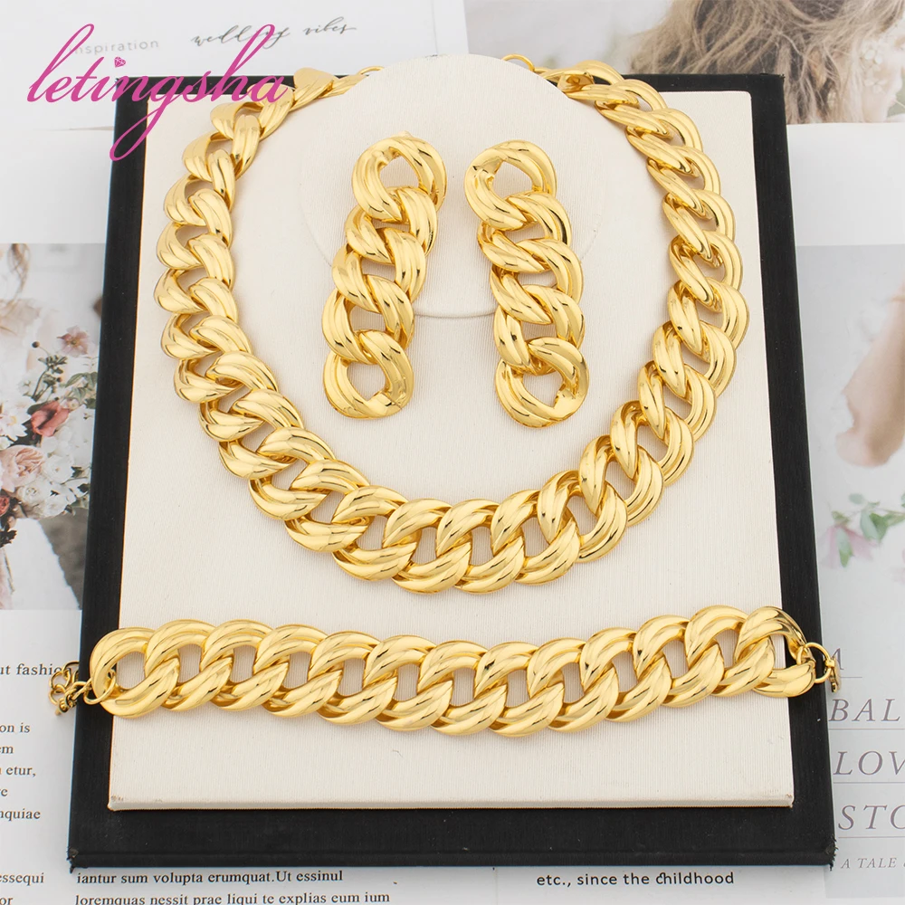 

African Gold Color Earrings Classic 18K Gold Plated Bracelet Jewellery Set Dubai Luxury Necklace Chain Fashion Jewelry Set