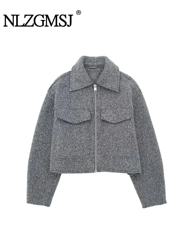 

Nlzgmsj TRAF 2023 New Autumn Women Lapel zipper Coat Elegant Double Pocket Short Coat Solid color Ladies Streets Jackets