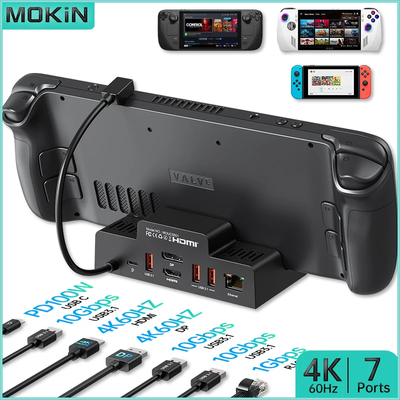 

MOKiN 7 in 1 Docking Station - Compatible with Steam Deck, ROG Ally, Laptop - 4K60Hz Dual HDMI/DP, USB3.1, PD 100W, 1Gbps RJ45