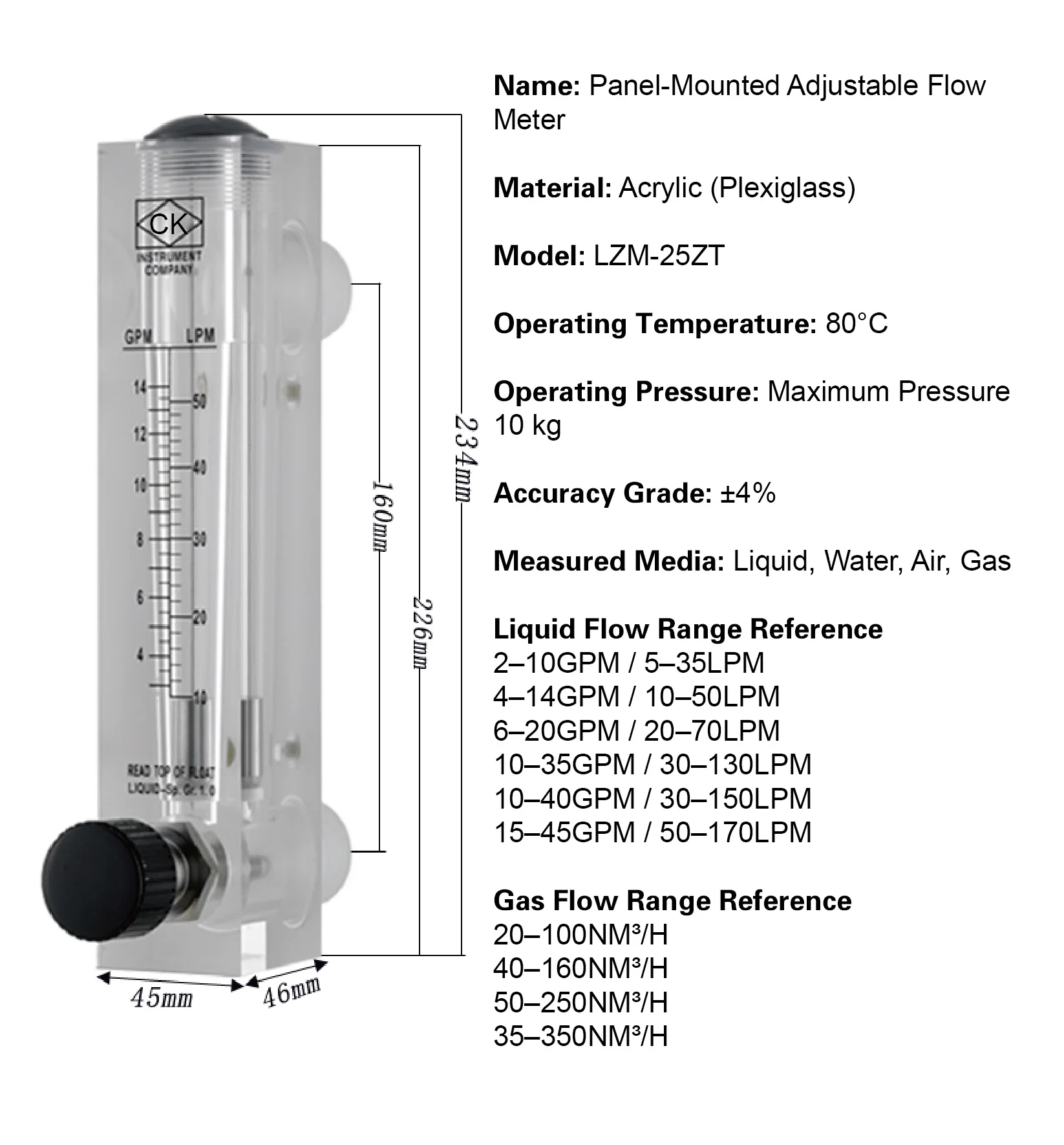 LZM-25ZT Rotameter Acrylic Flow Meter Gas Water Liquid 20-350 Nm3/H Variable Are