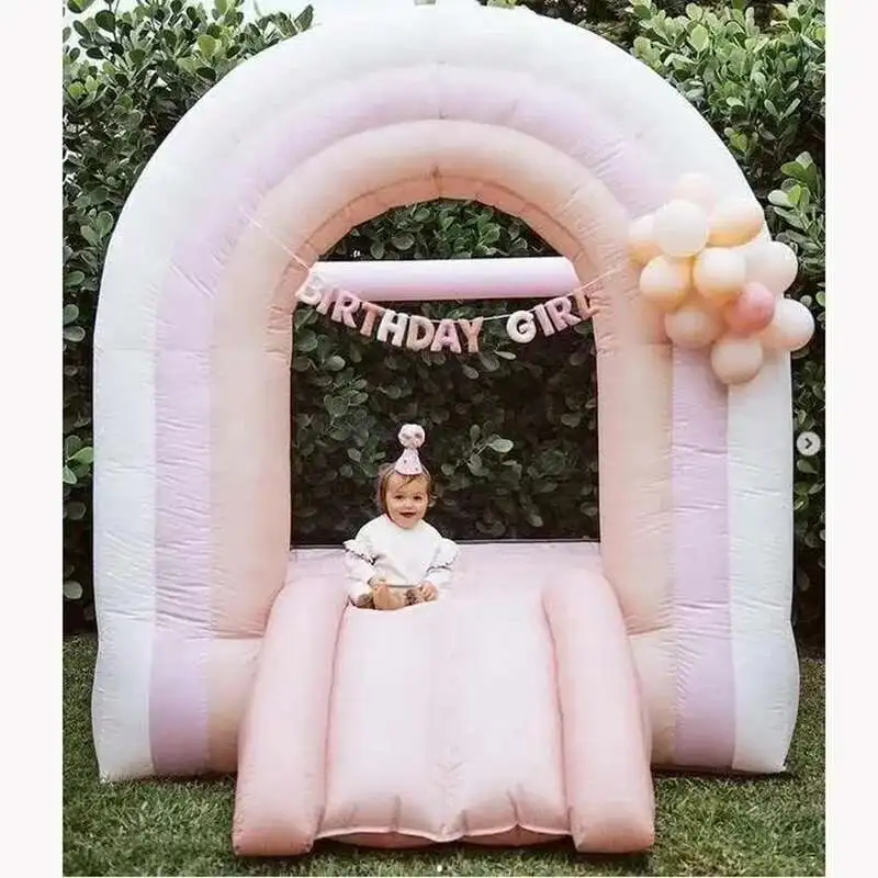 PVC Rainbow Bounce With Slide For Toddlers Kids 6X8ft Pink Commercial Iatable Bouncy Castle Jumper House Blower PVC Rainbow Bounce With Slide For Toddlers Kids 6X8ft Pink Commercial Iatable Bouncy Castle Jumper House Blower