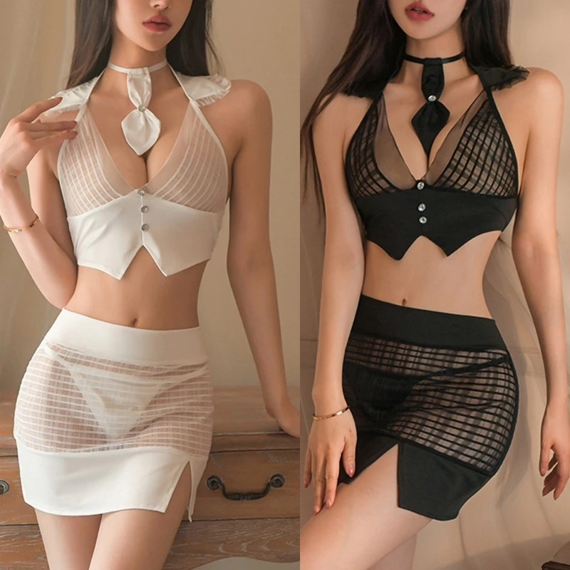 

Women Naughty Assistanty Cosplay Uniform with Halter Crop Top, Skirt, Panty N7YF