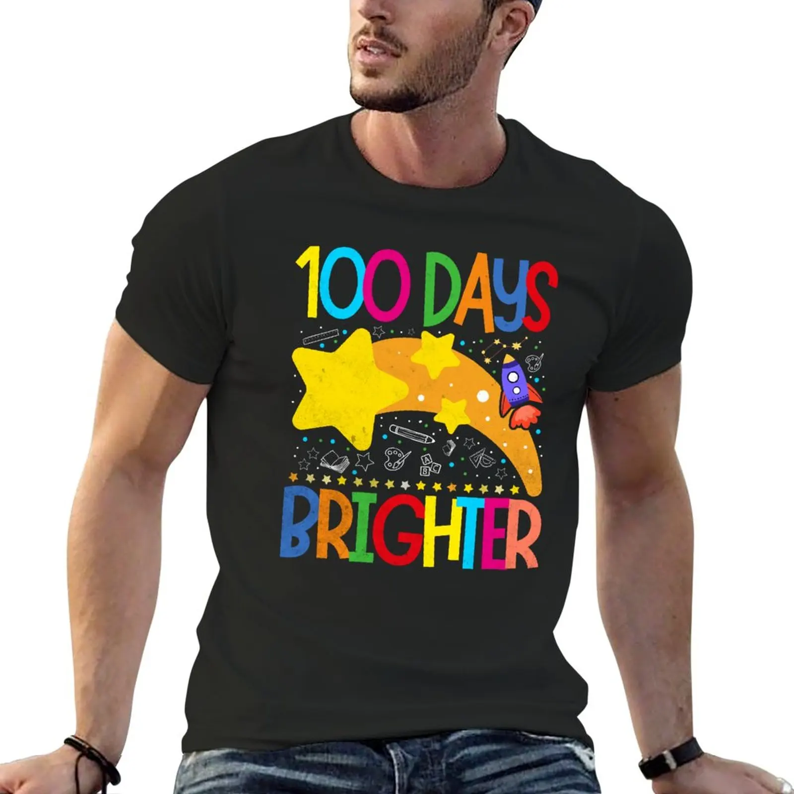 

New 100 Days Brighter Stars 100th Day of School Teacher Student T-Shirt tops heavyweight t shirts summer clothes t shirt men