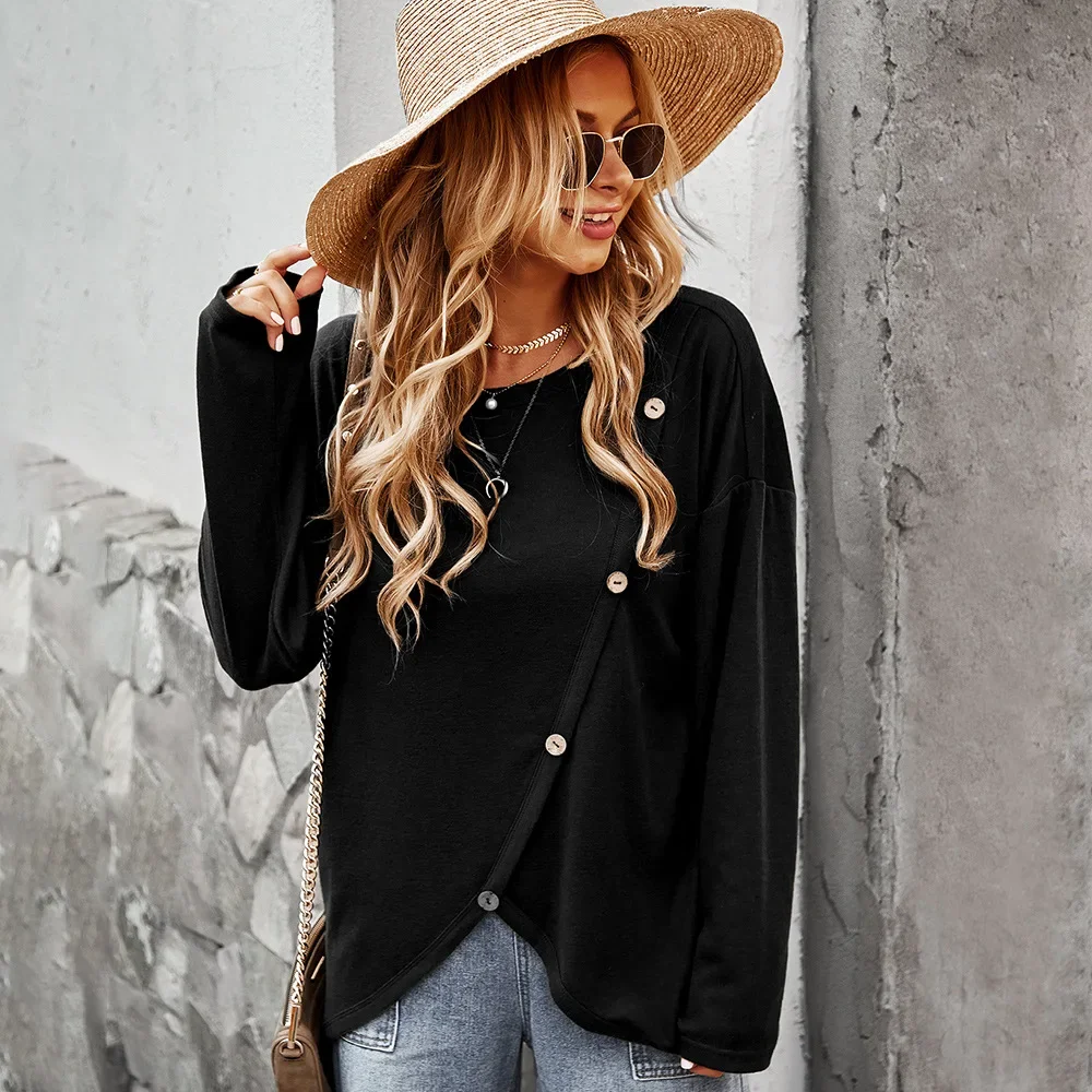 Autumn Winter Warm Irregular Pullovers Women Fashion Solid Colors Long Sleeve O-Neck Sweatshirts 2023 New Button Cotton Pullover
