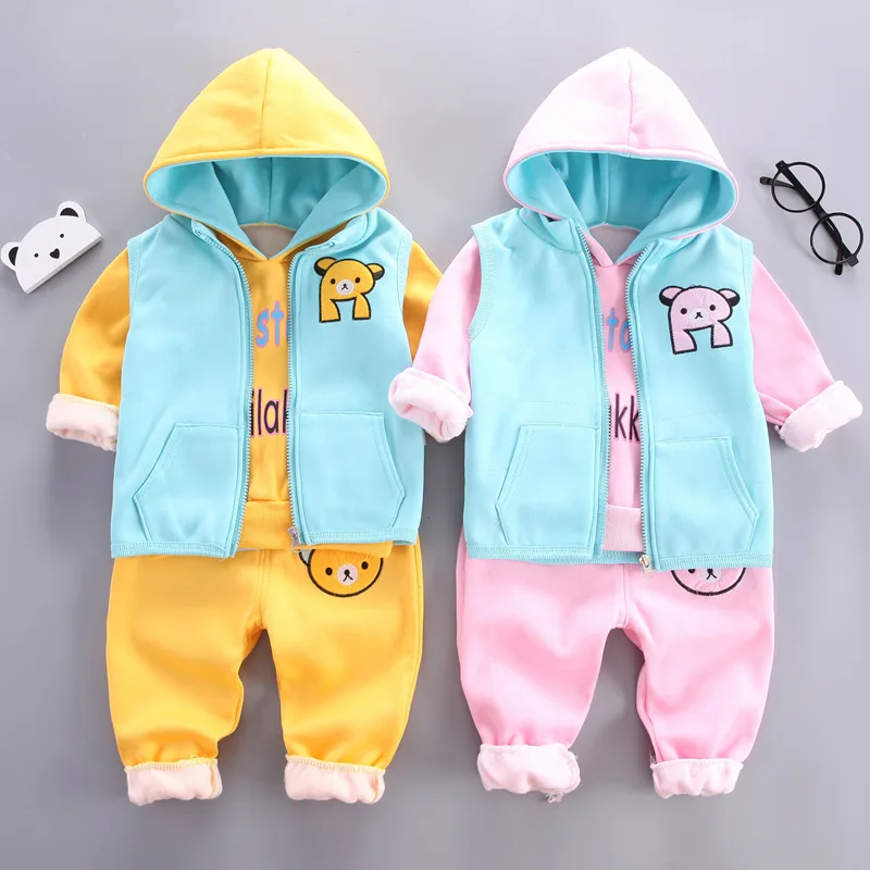 

Autumn and Winter Girls' 3 Piece Plush Hooded Suit Set Outwear Baby Children's Casual Clothing Aged 0-1-2-3Y Boys Pants Set