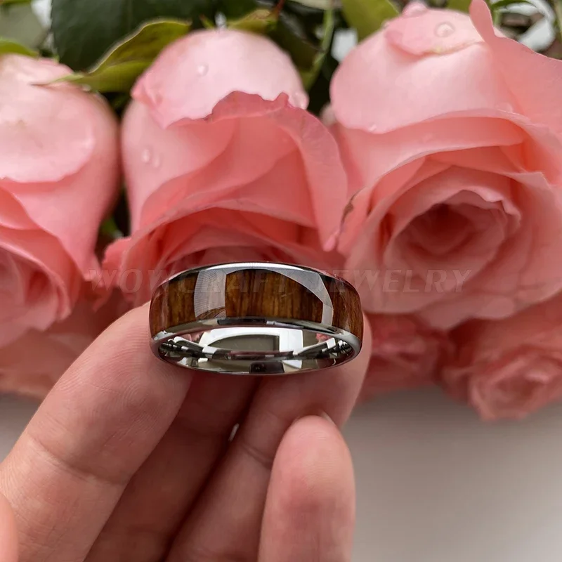 Nature Wood Inlay Tungsten Carbide Ring for Men Wedding Band Polished Shiny Comfort Fit