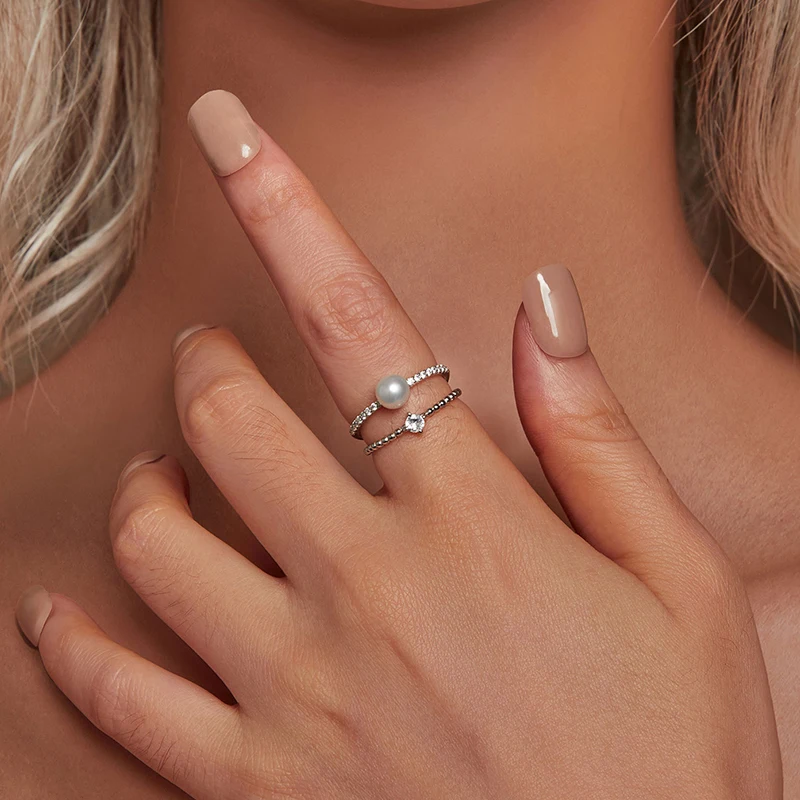 Bamoer U Pearl Moissanite Ring Double Layer Twisted Finger Ring Round Cut Diamond Original Gift S925 Sterling Silver Jewelry 4