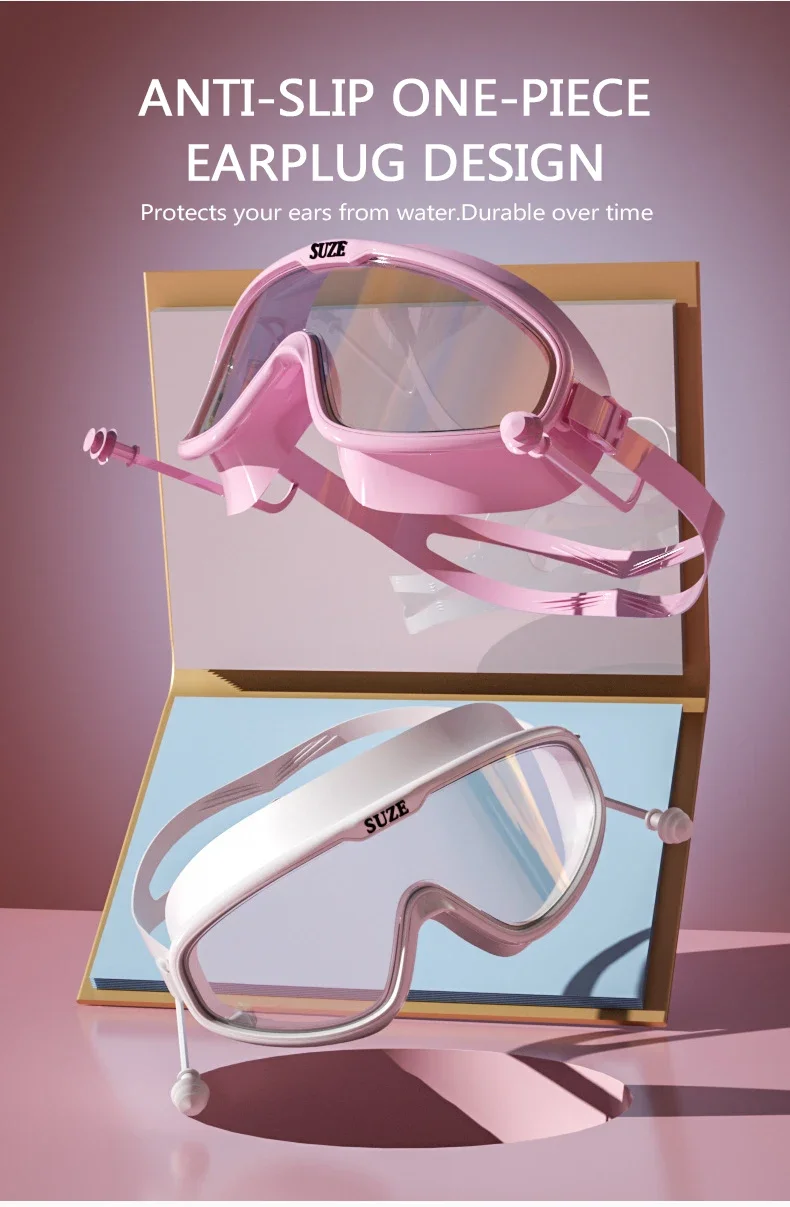 Modische Schwimmbrille mit großem Rahmen, rutschfeste Ohrstöpsel, HD-PC-Linsen, beschlagfrei, weiche Silikondichtung, elegante Aufbewahrungsbox – Detail 6