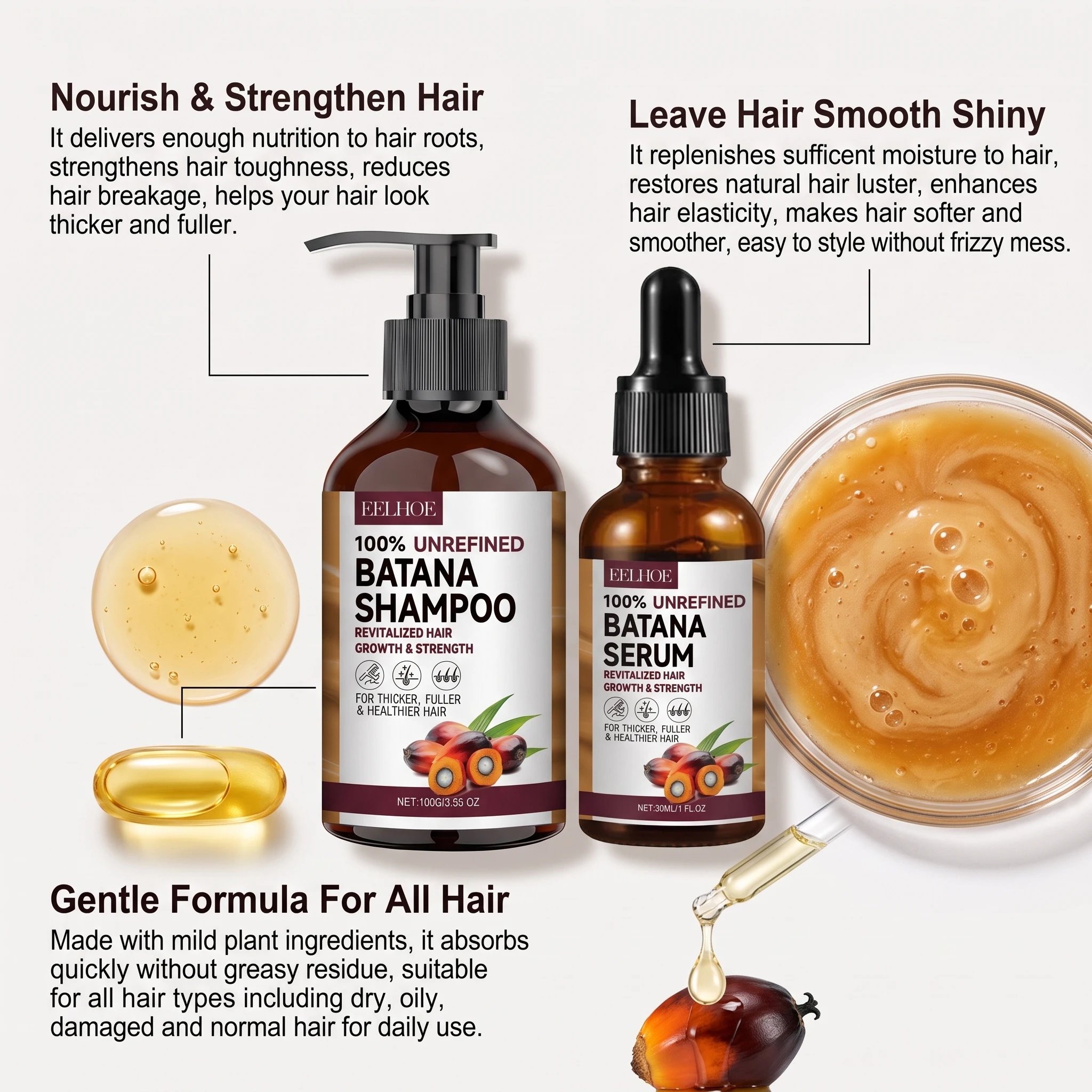 Set per la Cura dei Capelli con Olio di Batana, Shampoo e Siero, Trattamento Idratante per Capelli Secchi e Danneggiati, Soluzione per Capelli Crespi - immagine 4