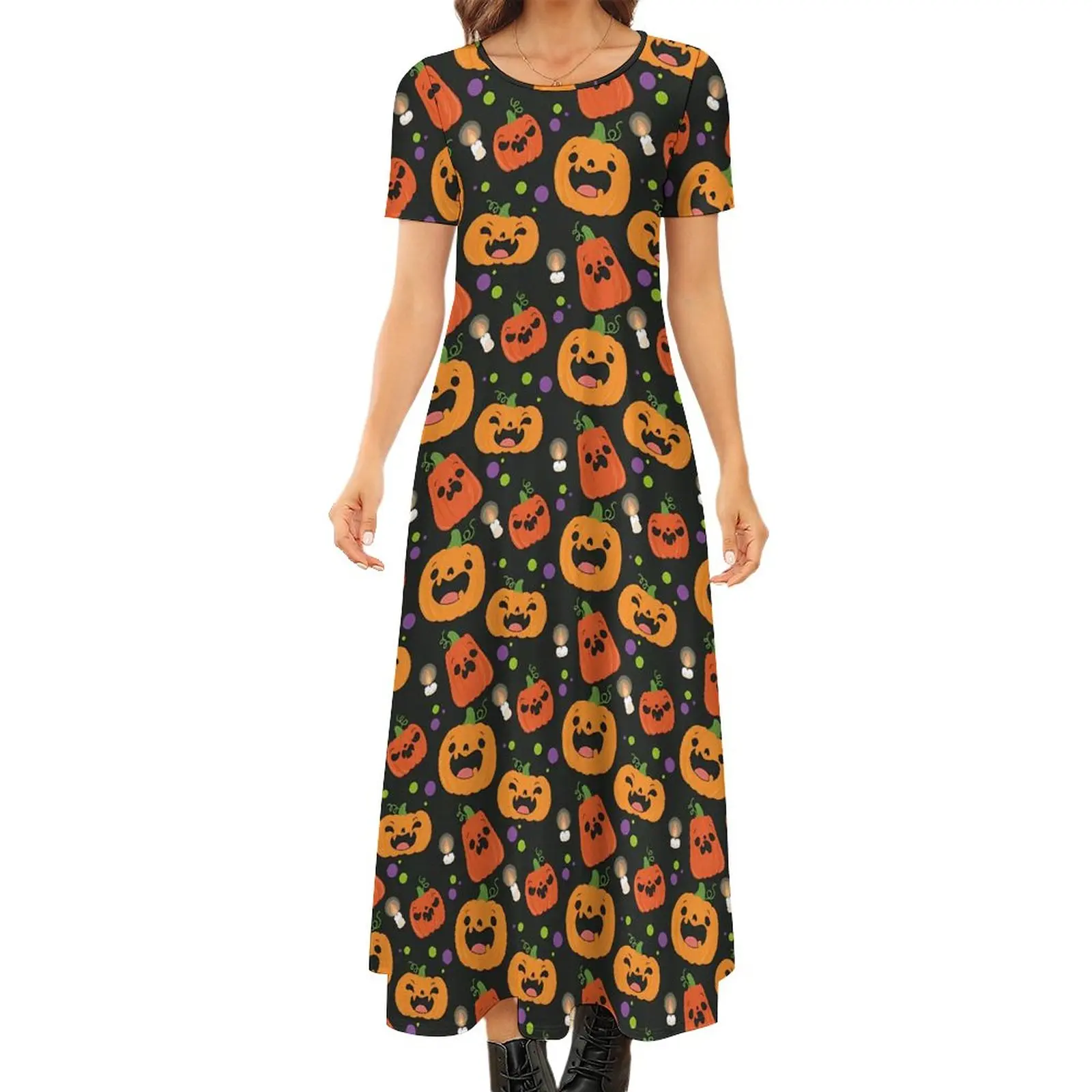 

Cute Pumpkin Dress Spooky Halloween Maxi Dress Short Sleeve Street Fashion Bohemia Long Dresses Female Graphic Oversize Vestidos
