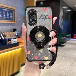 Clover Strap Glitter Love Heart Phone Holder Case - Oppo A36 4G (Black)
