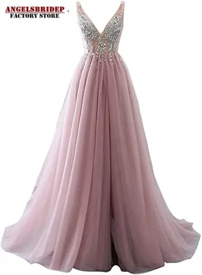 

Sexy Backless Long Evening Dresses Side Split Sparkly Crystals Tulle Floor-length Formal Prom Deep V-Neck Suknie Wieczorowe