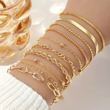 Cuban Chain Bracelet Set for Women Gold Color Boho RetroThick Twist Trendy Quality Jewelry Gifts
