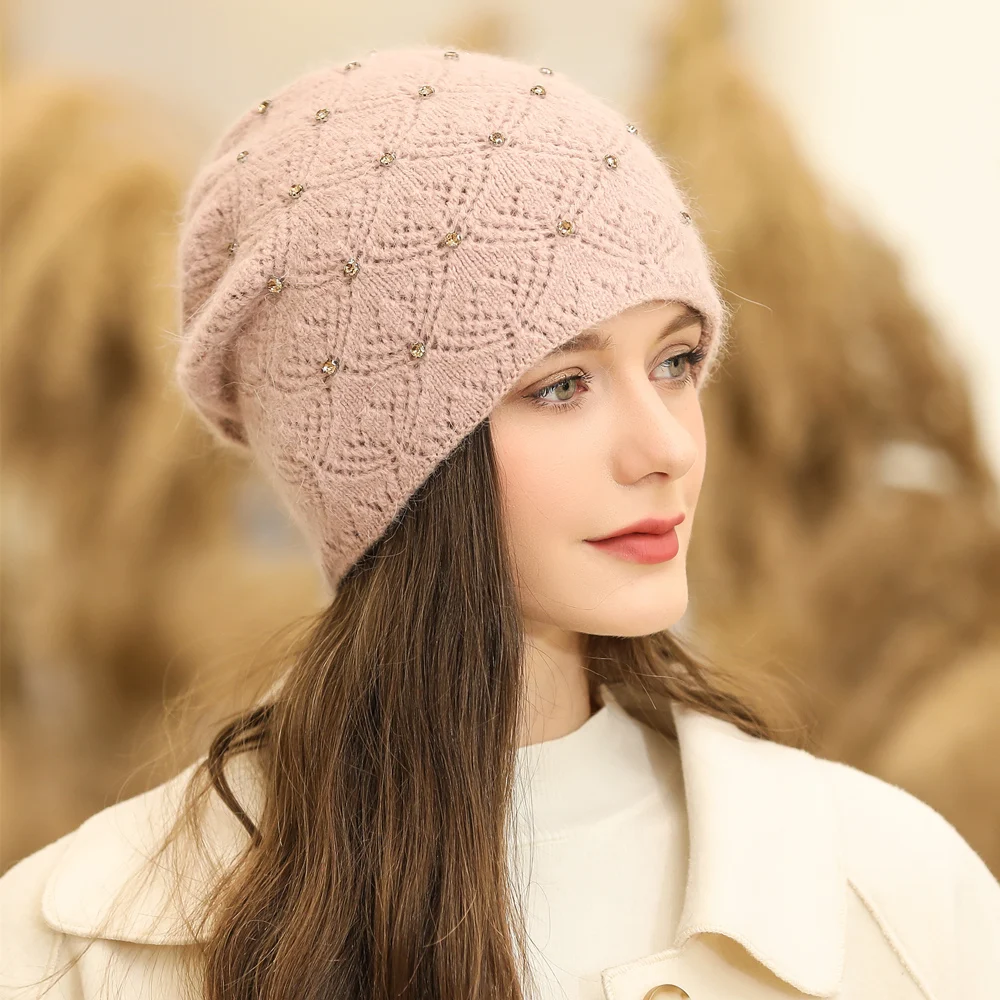 Women Winter Hat Streetwear Rabbit Fur Blend Warm Cap Decorate Beanie Hat For Female Casual Knitted Dot Decoration Hat
