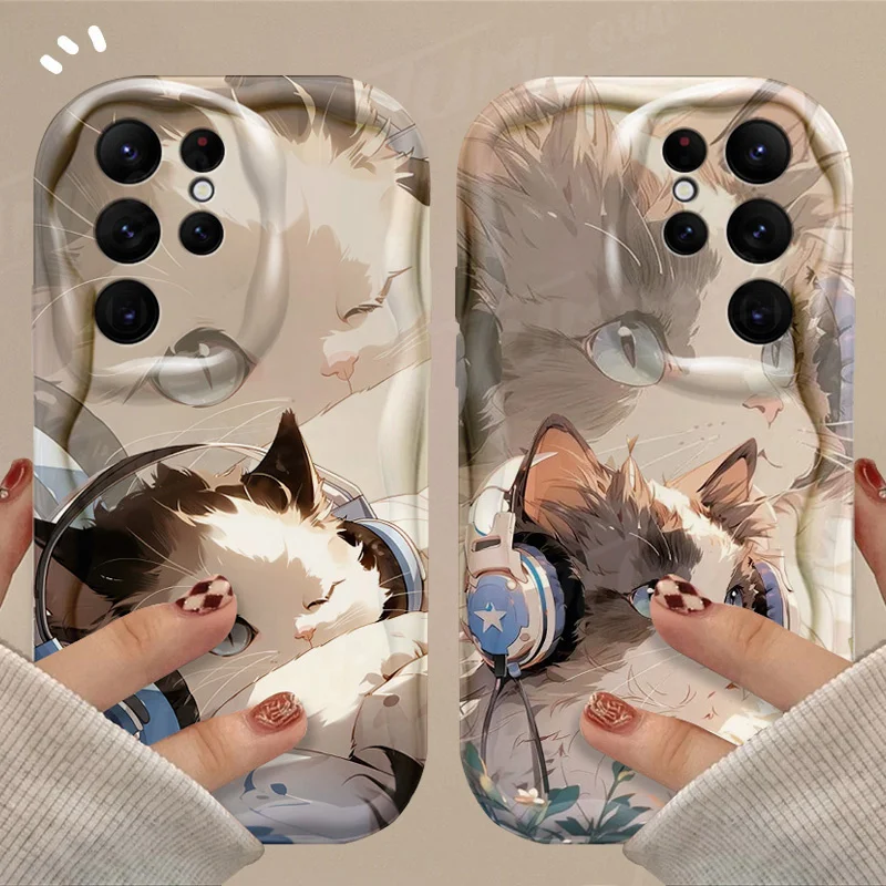 Lovely Music Cat 3D Wave Case For Samsung Galaxy S24 Ultra S23 S22 Plus S21 S20 FE A25 A55 A35 5G Shockproof Silicone Back Cover_voghion.com