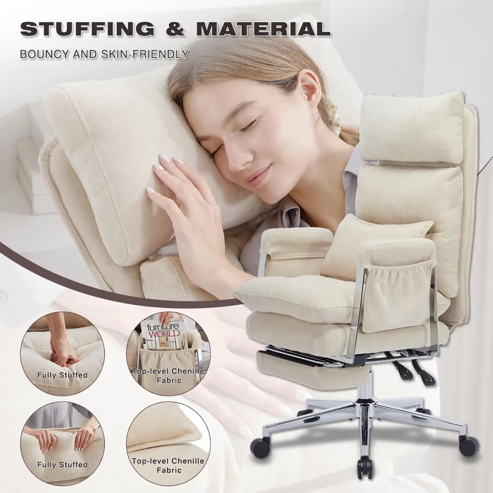 Large Tall Fabric Computer Chair, Comfortable Ergonomic Home Office Chair with Footrest, Cute Chenille Fabric High Back Recliner 6