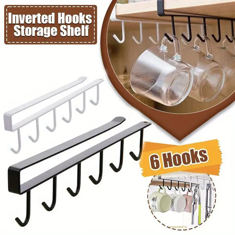 1pc Kitchen Shelf Storage Clothes Hanging Organizer Cup Holder Glass Mug Holder 6 Hooks Storage Rack