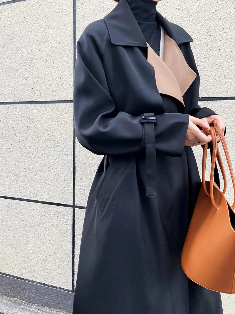 Women's Stitching Contrast Color Trench Coat 2022 Spring Autumn Long Windbreakers Female Temperament Belted Trench Coat Overcoat designer puffer coat
