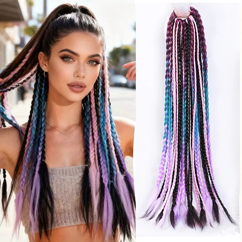 26Inch Synthetic Gradient Colored Braided Ponytail Hair Extension Elastic Rubber Band Braiding Ponytail for Girl Women 1