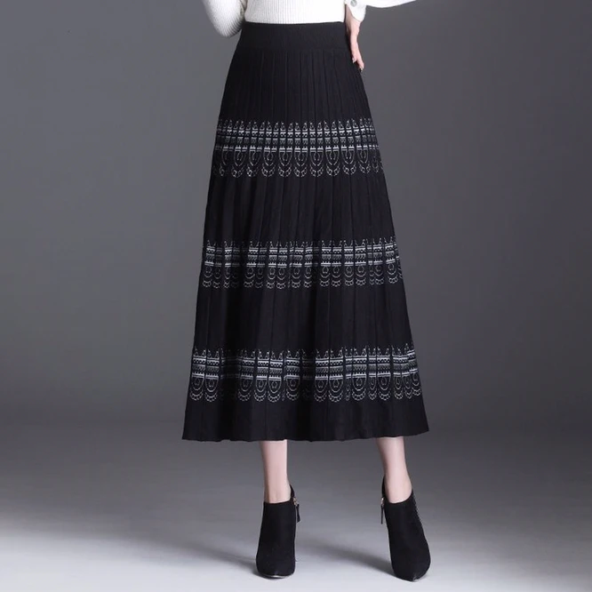 maxi skirt 2021 New Knitted Women's A-line Skirt Mid Autumn Winter Long Wrap Hip High Waist Thickenin Printed Skirt Girl's Wool Skirt Black nike tennis skirt Skirts