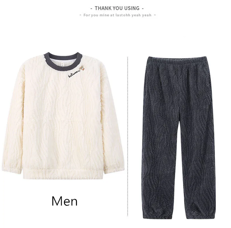 Yasuk Winter Fashion Women's Men Casual Warm Soft Stripe Pullover Sleepwear Pajamas With Pants Velvet Fleecel Couple Unisex Bear