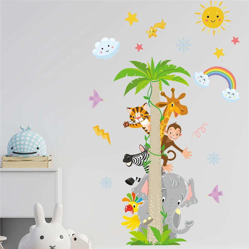 Happy Animals On Tree Wall Stickers For Kids Room Home Decoration Diy Elephant Tiger Monkey Mural Art Pvc Decals Safari Posters cartoon owl lion monkey height measure wall stickers bedroom home decor diy animals growth chart wall decals pvc mural art