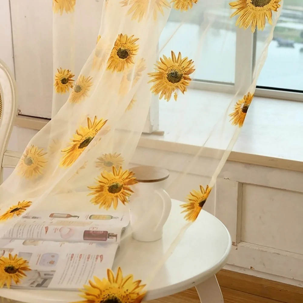 2PCS Sunflower Window Panels Drapes Curtains Sheer Voile Tulle Home Room 100*200cm