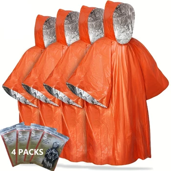 Emergency Rain Poncho with Hood - 4 Pack, PE, Water-Resistant & Thermal Mylar Lined, Survival Blankets for Camping Gear 1