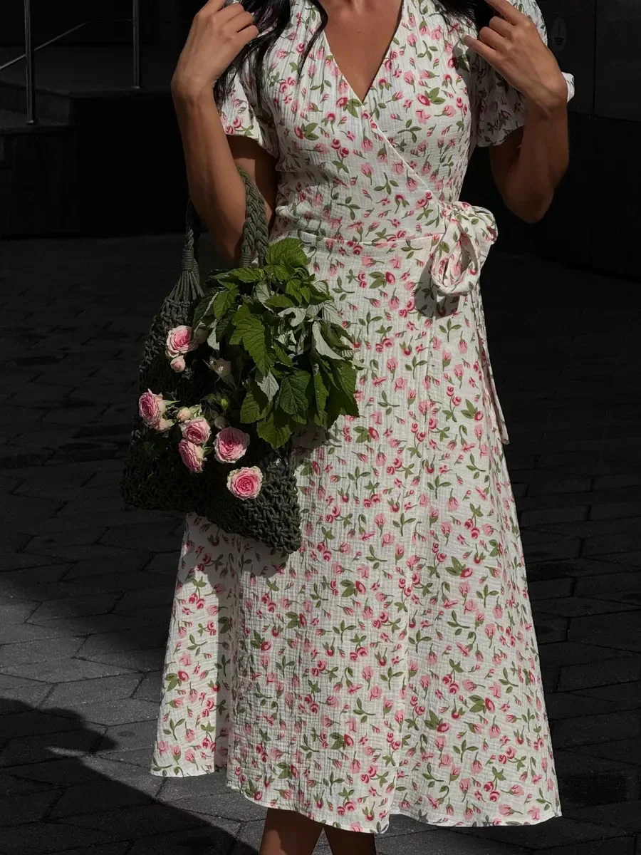 Women's Loose Fit Cotton Blend Maxi Dress with V-Neck & Short Sleeves S63aa9c69765741cebd6d7ccde802fcecs