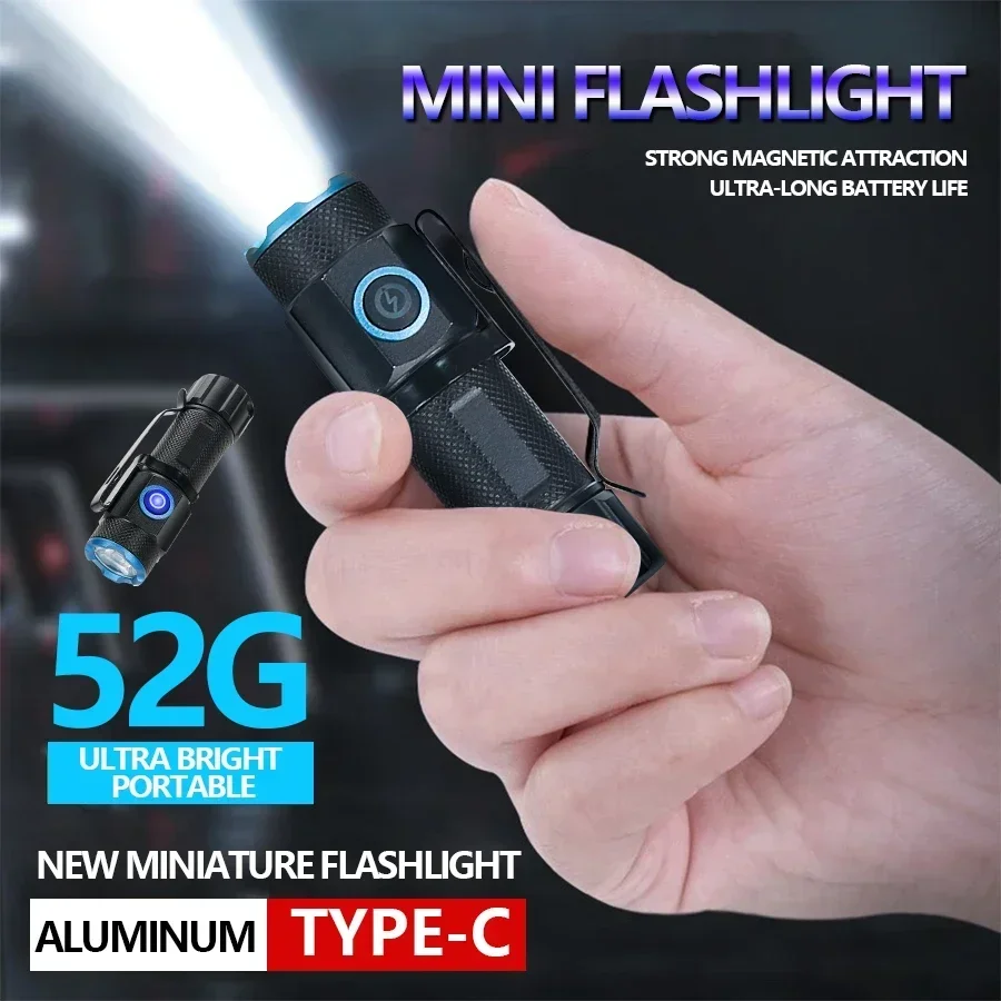 고휘도 미니 손전등, P50 LED 팜 토치, C타입 USB 토치 라이트, 어린이 레이디 배낭 포켓 야외 가정 작업 램프, 6500K