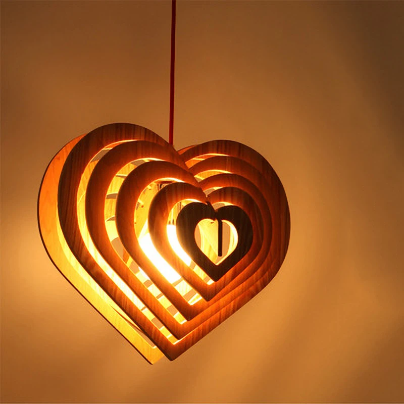 

Modern Wood Heart-shaped Pendant Lights Romantic Light for Room Hall Wood Water Drop Shaded Hanging Light Restaurant Decoration