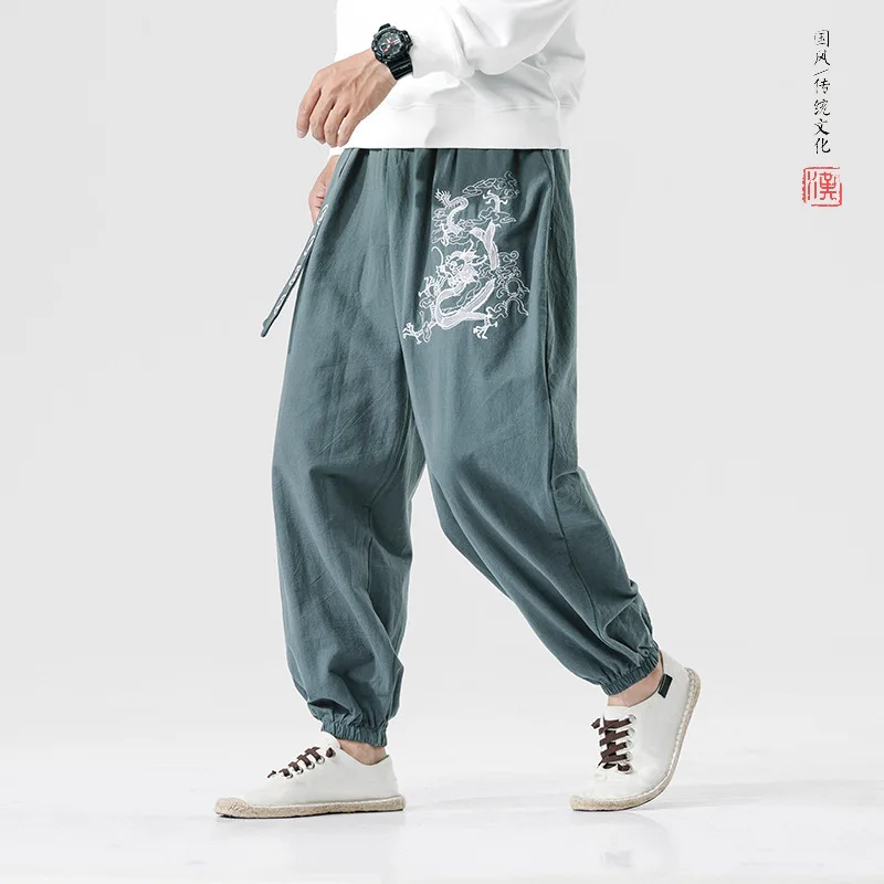 

Mens Tai Chi pants chinese style improved dragon embroidered casual trousers cotton and linen slacks for men Kung Fu pants g87