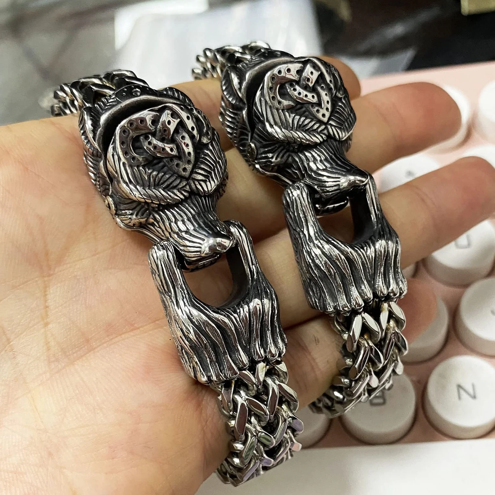 Norse Viking Vintage Wolf Punk Bracelet Wholesale Fashion Thick France Chain Cuff Stainless Steel Designer with Jewelry for Men
