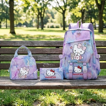 3Pcs/Set Anime Hello Kitty Backpack Lunch Bag School Bag Pencil Case Girls Back To School Gift Leisure Mochila Teens Travel Bags 1