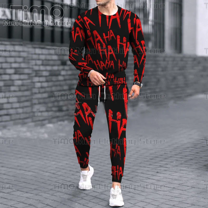 Spring and Autumn Tracksuit Men Set HAHA Letter Printing Long Sleeve Suit Street Fashion Men Large Jogging Clothing 2 Piece Set