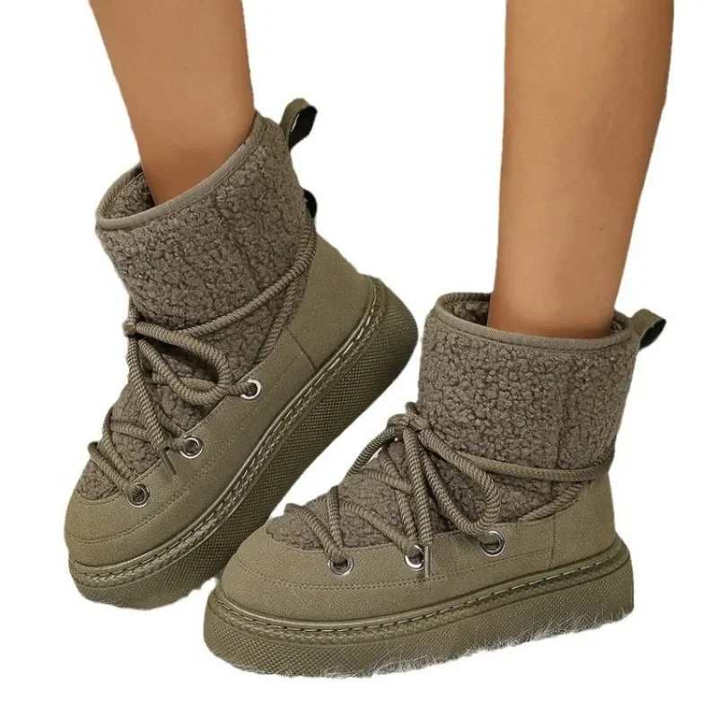 Women's Thick-soled Cross-strap Snow Boots Women Winter Round Toe Flock Plush Warm Mid Heel Water Proof Casual Warm Snow Boots