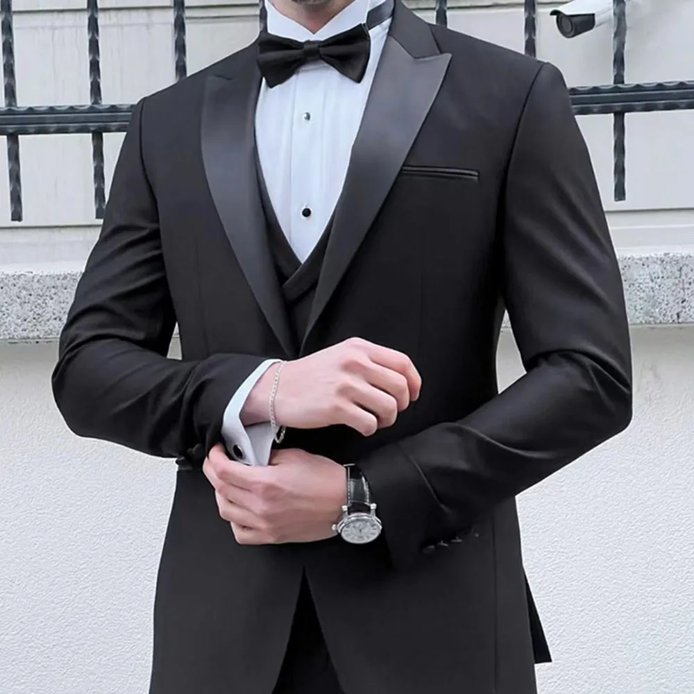 New Wedding Men Black Satin Peaked Lapel Suits Business Casual Formal Costume Homme Slim Fit 3 Pcs Set Jacket Vest Pants