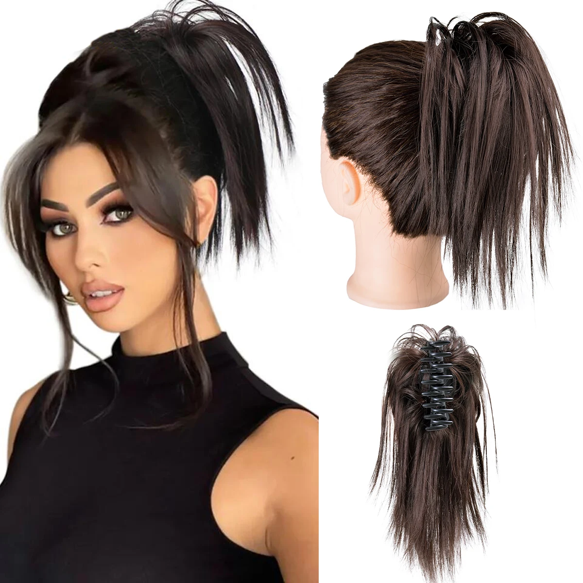 linwan Synthetic Claw Clip Ponytail Hair Extensions Short Straight Natural Tail False Hair For Women Horse Tail Black Hairpiece