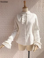 Japanese Sweet Lolita Blouses Women Vintage Victorian Elegant Lace Ruffles Turn Down Collar Loose Shirt Tops Female Clothing 1